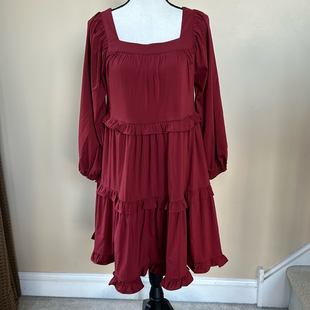 ENTRO Lava Red Boho Tiered Mini Dress 3/4 Sleeve - Picture 6 of 14